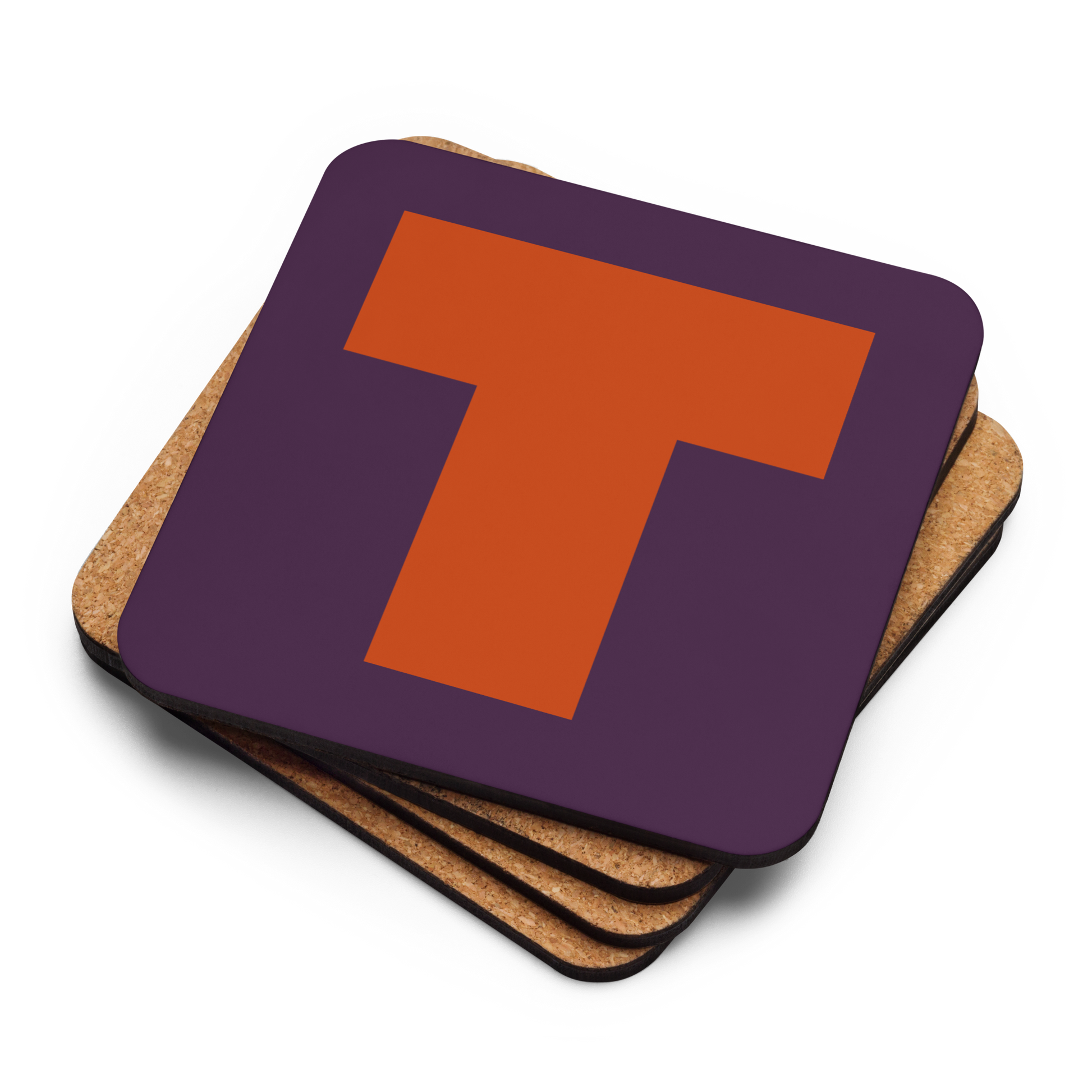Four coasters stacked on top of each other, the top with a fat font large orange T on a purple background.