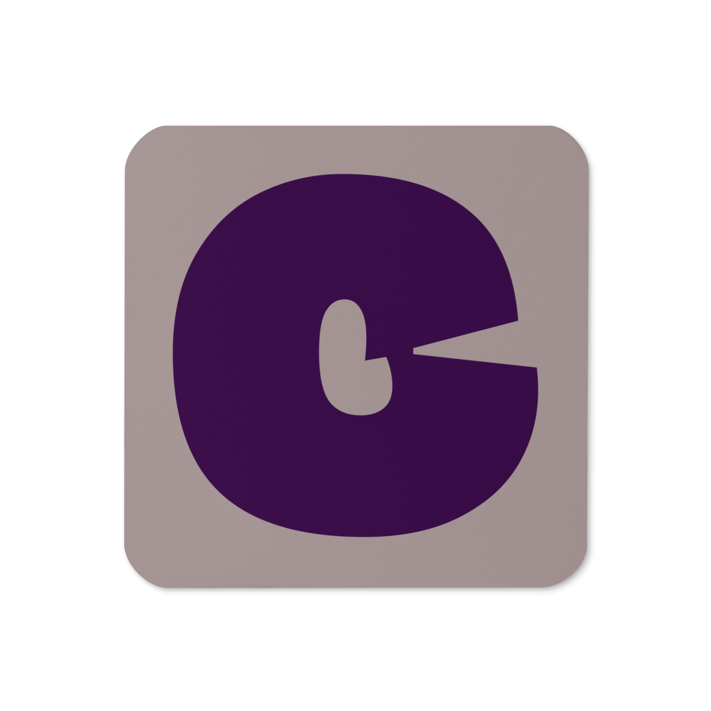 Cork-back coaster with a bold plum purple fat font C letter on a taupe background, graphic modern design.