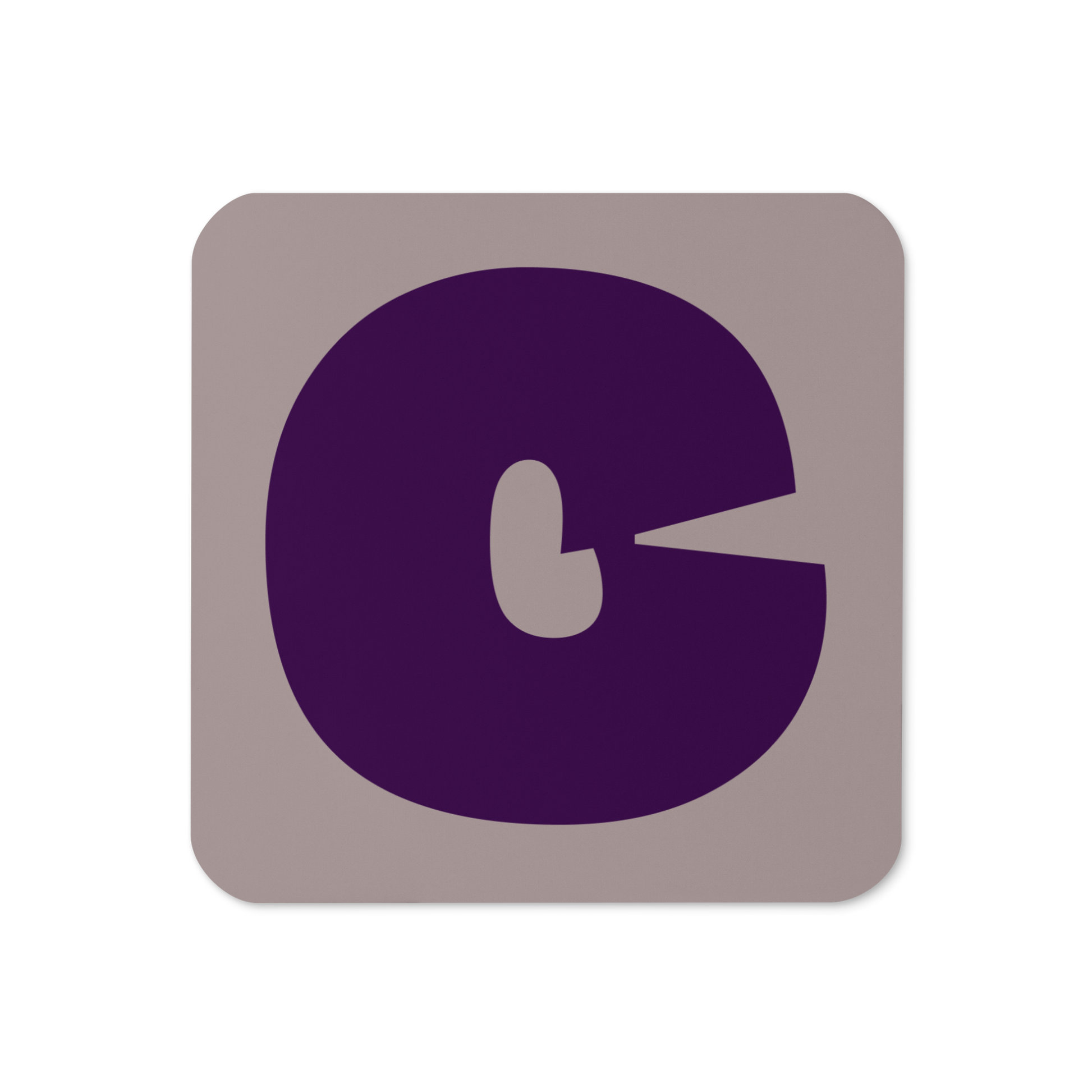 Cork-back coaster with a bold plum purple fat font C letter on a taupe background, graphic modern design.