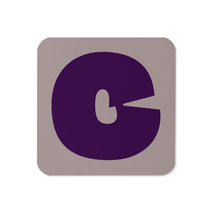 Cork-back coaster with a bold plum purple fat font C letter on a taupe background, graphic modern design.