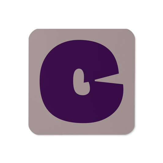 Cork-back coaster with a bold plum purple fat font C letter on a taupe background, graphic modern design.