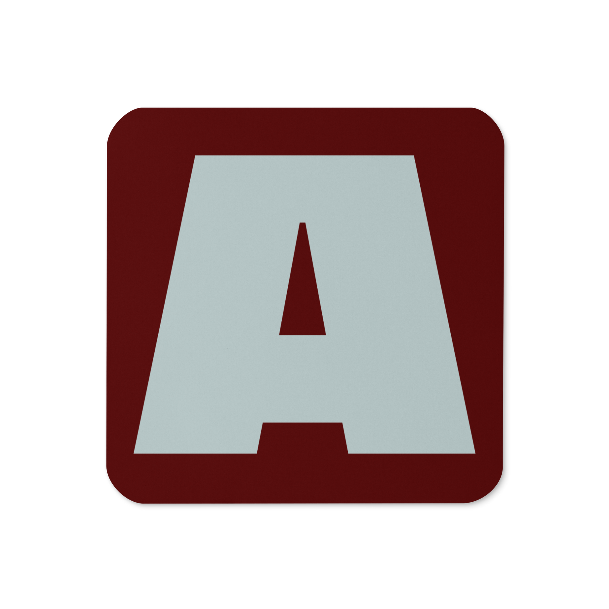 Cork-back coaster with a bold pale gray fat font A letter on a burgundy red background, graphic modern design.