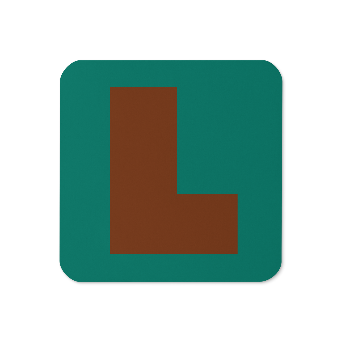 Cork-back coaster with a bold brown fat font L letter on a teal background, graphic modern design.