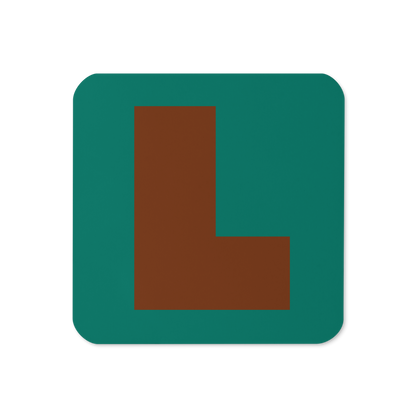 Cork-back coaster with a bold brown fat font L letter on a teal background, graphic modern design.