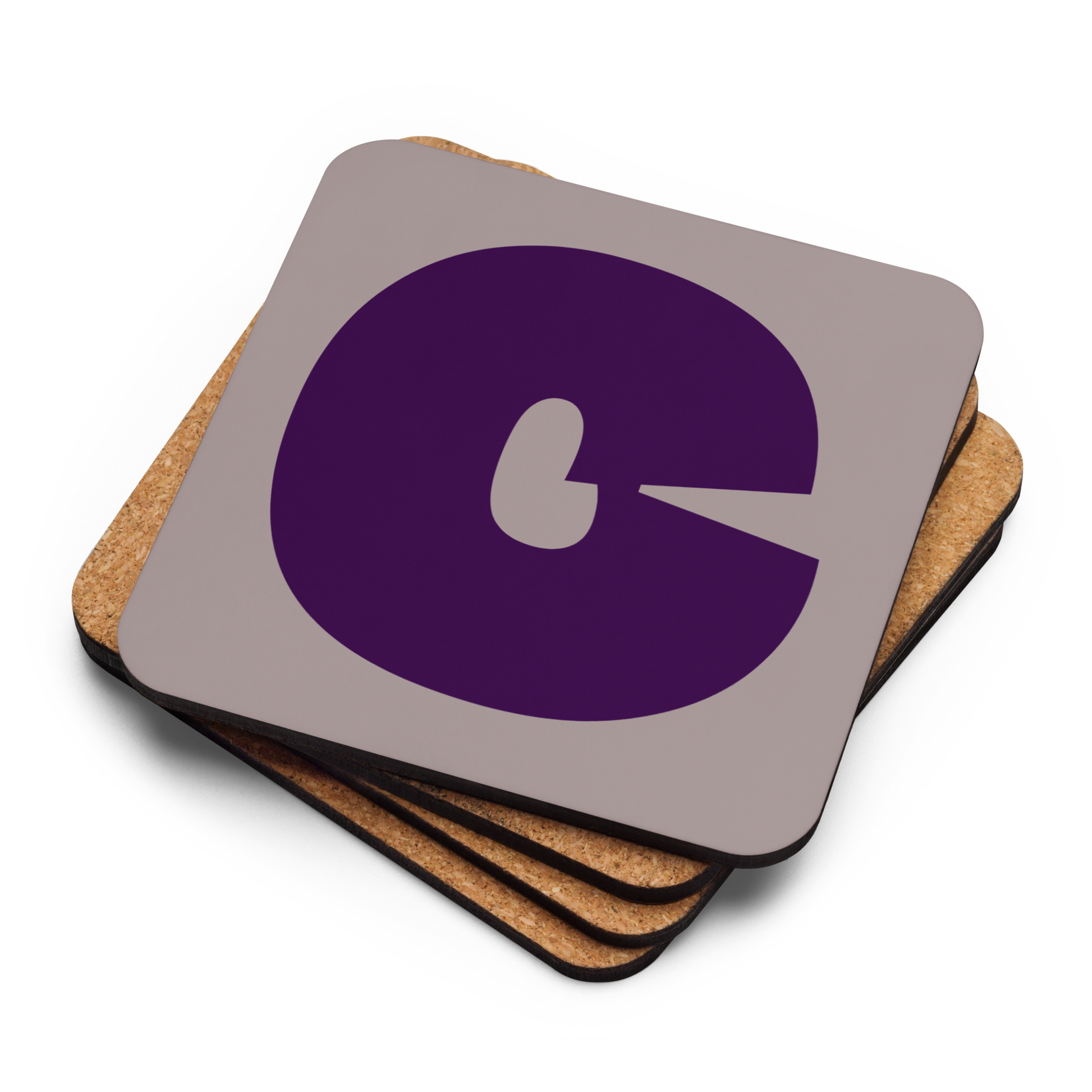 Four coasters stacked on top of each other, the top with a fat font neon purple C on gray background.