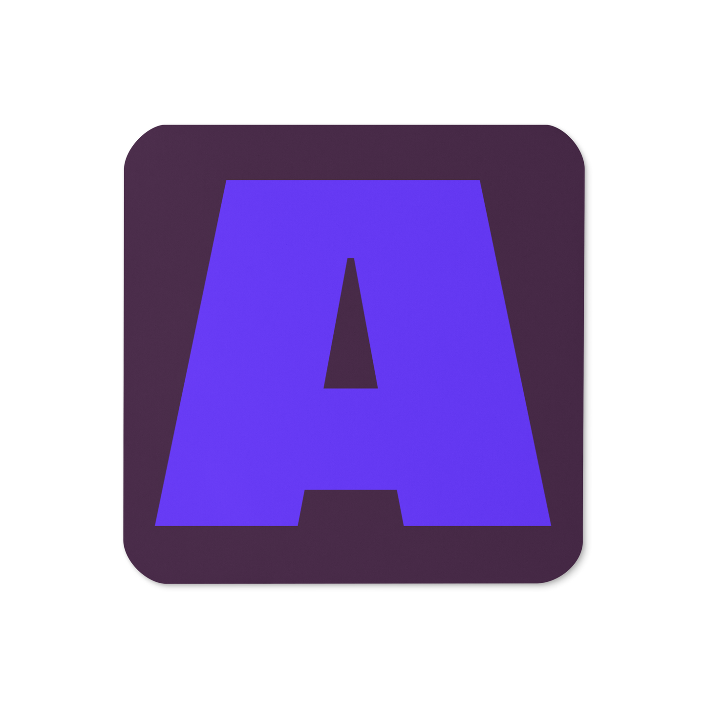 Cork-back coaster with a bold violet fat font A letter on a deep plum background, graphic modern design.