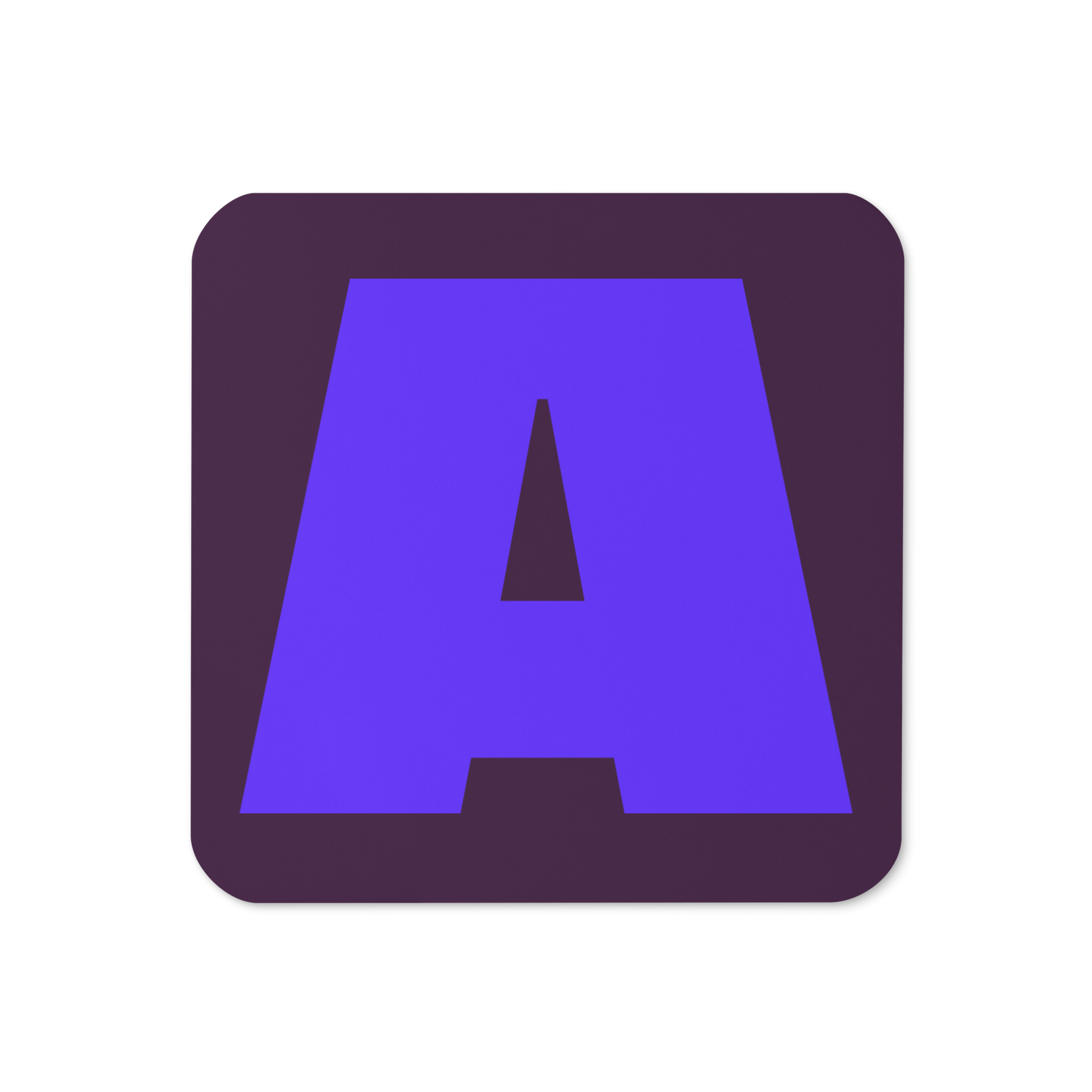 Cork-back coaster with a bold violet fat font A letter on a deep plum background, graphic modern design.