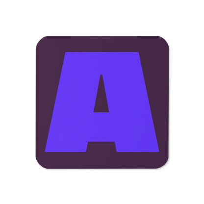 Cork-back coaster with a bold violet fat font A letter on a deep plum background, graphic modern design.