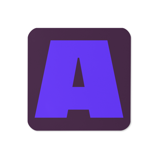 Cork-back coaster with a bold violet fat font A letter on a deep plum background, graphic modern design.