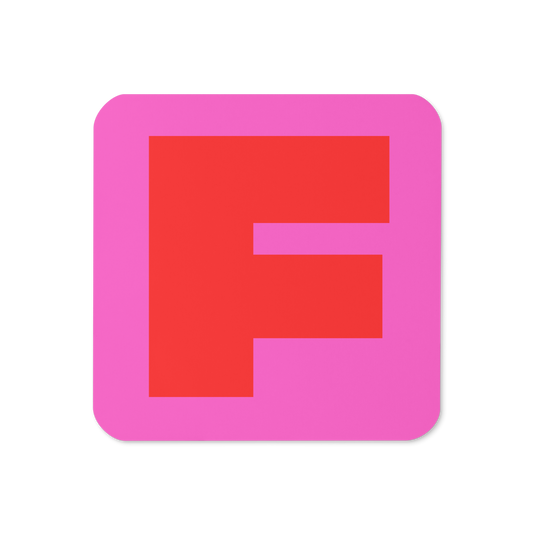 Cork-back coaster with a bold red fat font F letter on a hot pink background, graphic modern design.