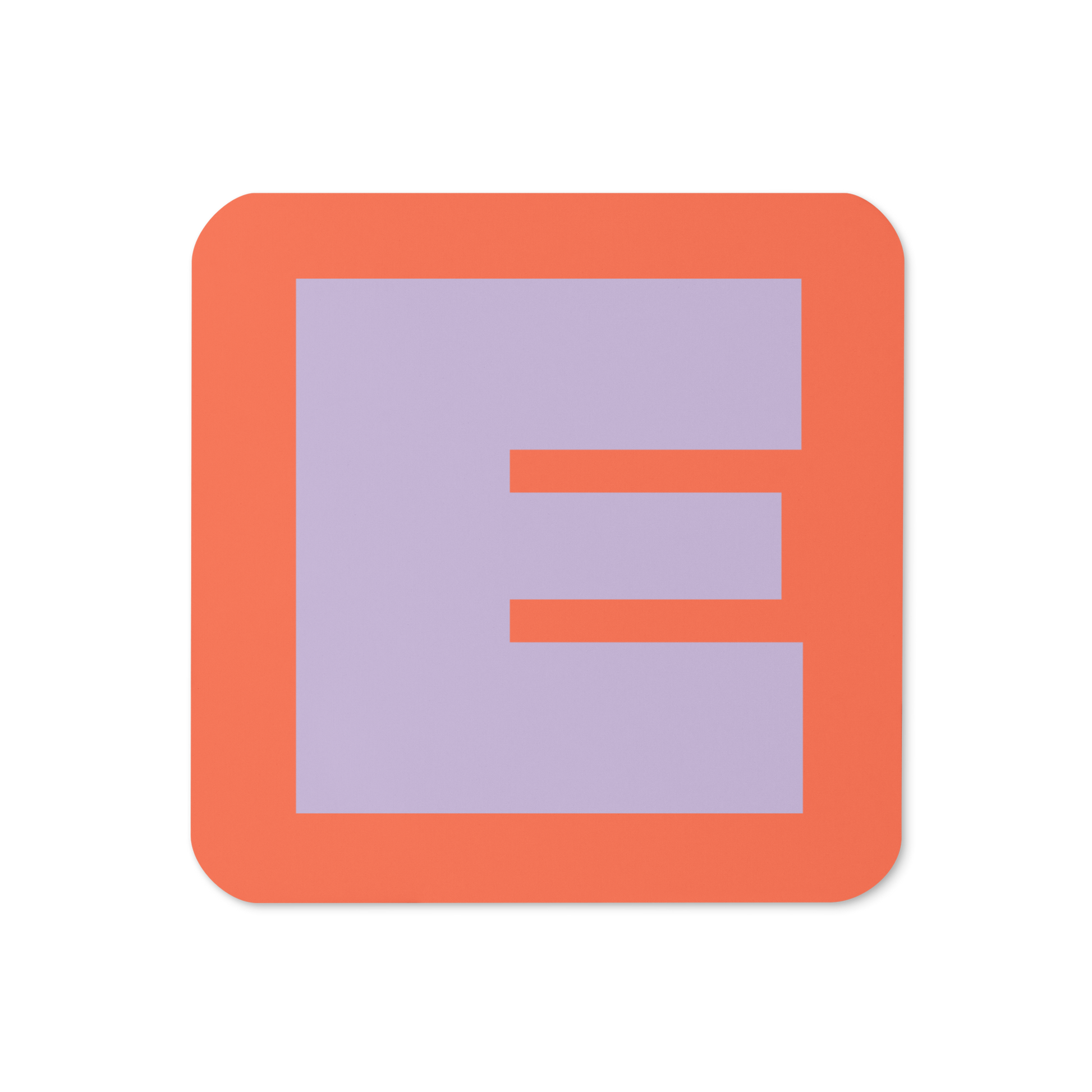 Cork-back coaster with a bold lavender fat font E letter on a coral background, graphic modern design.