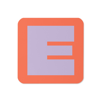 Cork-back coaster with a bold lavender fat font E letter on a coral background, graphic modern design.