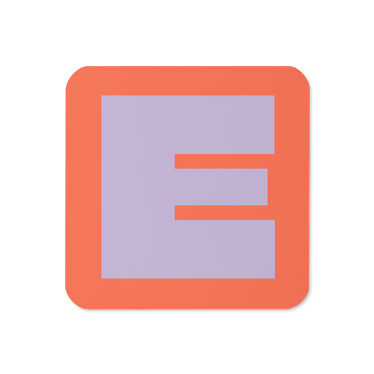 Cork-back coaster with a bold lavender fat font E letter on a coral background, graphic modern design.