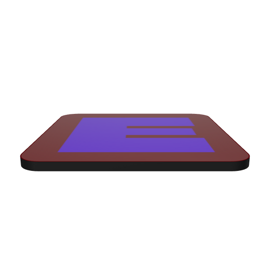 Interactive 3D model of a cork-back coaster with a bold blue violet fat font E letter on a deep red background, graphic modern design.