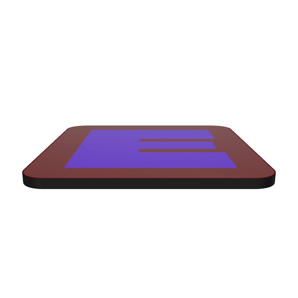 Interactive 3D model of a cork-back coaster with a bold blue violet fat font E letter on a deep red background, graphic modern design.