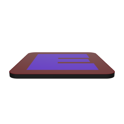 Interactive 3D model of a cork-back coaster with a bold blue violet fat font E letter on a deep red background, graphic modern design.