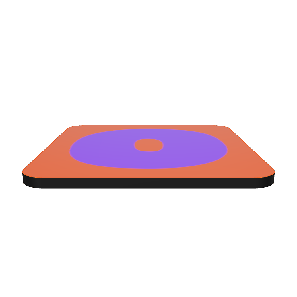 Interactive 3D model of a cork-back coaster with a bold blue violet fat font O letter on a burnt orange background, graphic modern design.