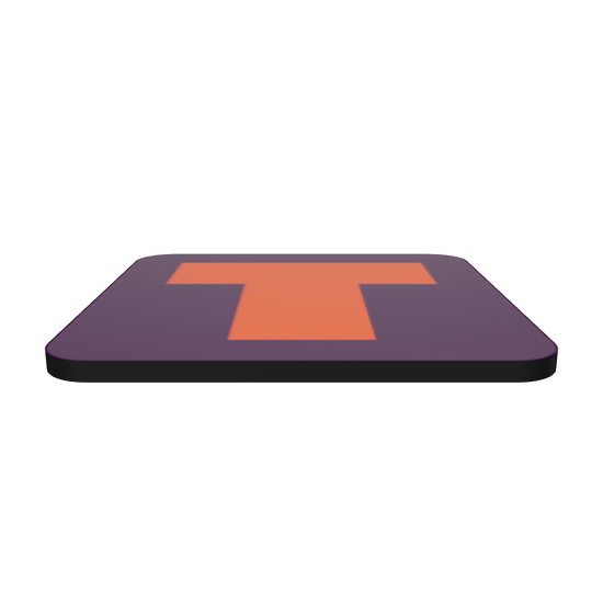 Interactive 3D model of a cork-back coaster with a bold burnt orange fat font T letter on a plum purple background, graphic modern design.