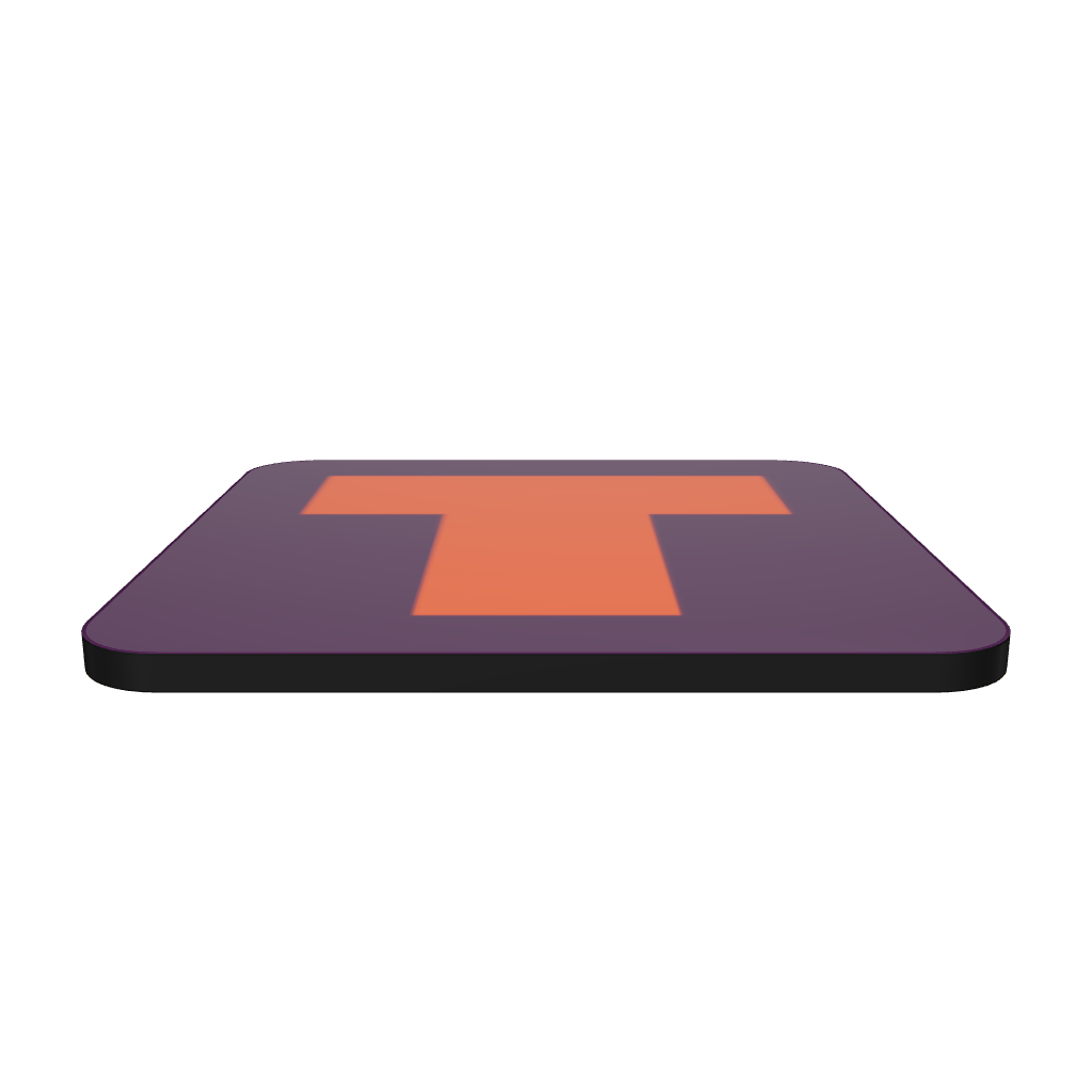 Interactive 3D model of a cork-back coaster with a bold burnt orange fat font T letter on a plum purple background, graphic modern design.