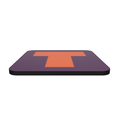 Interactive 3D model of a cork-back coaster with a bold burnt orange fat font T letter on a plum purple background, graphic modern design.