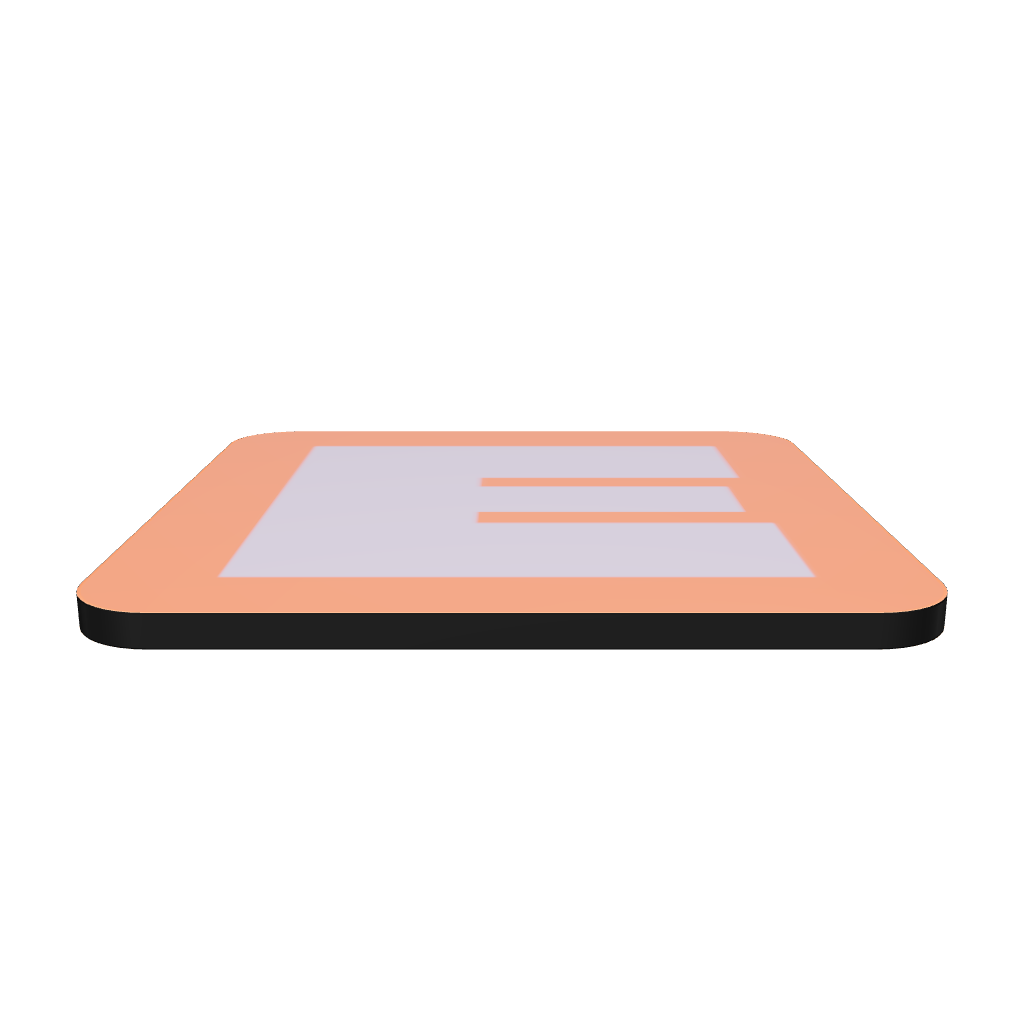 Interactive 3D model of a cork-back coaster with a bold lavender fat font E letter on a coral background, graphic modern design.