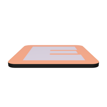 Interactive 3D model of a cork-back coaster with a bold lavender fat font E letter on a coral background, graphic modern design.