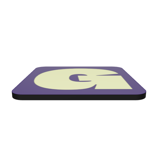 Interactive 3D model of a cork-back coaster with a bold neon yellow fat font G letter on a deep violet background, graphic modern design.