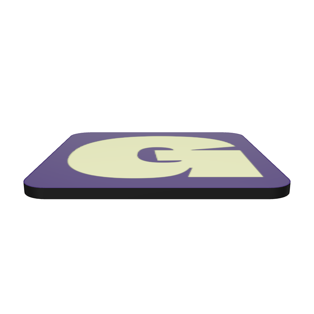 Interactive 3D model of a cork-back coaster with a bold neon yellow fat font G letter on a deep violet background, graphic modern design.