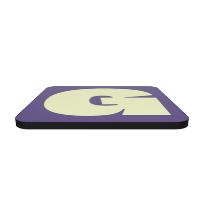 Interactive 3D model of a cork-back coaster with a bold neon yellow fat font G letter on a deep violet background, graphic modern design.