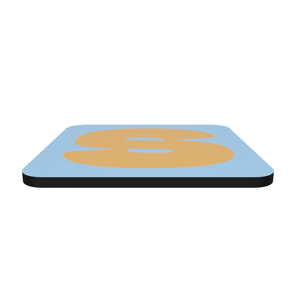 Interactive 3D model of a cork-back coaster with a bold ochre fat font S letter on a sky blue background, graphic modern design.