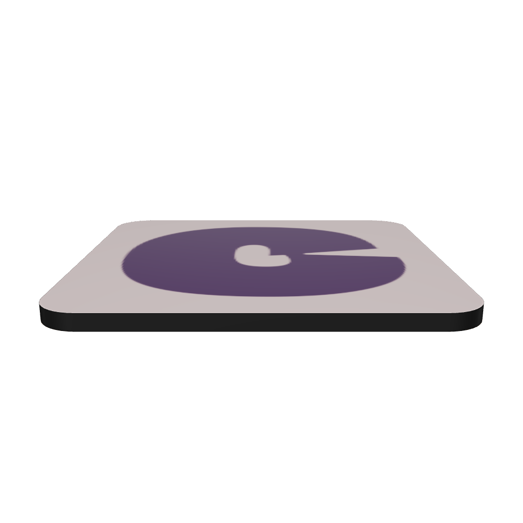 Interactive 3D model of a cork-back coaster with a bold plum purple fat font C letter on a taupe background, graphic modern design.