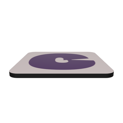 Interactive 3D model of a cork-back coaster with a bold plum purple fat font C letter on a taupe background, graphic modern design.