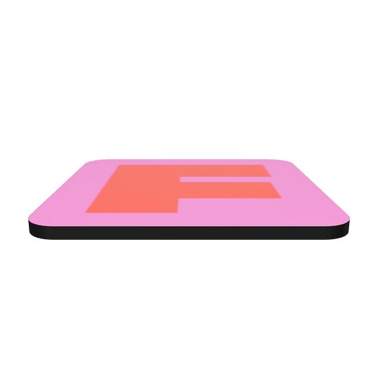Interactive 3D model of a cork-back coaster with a bold red fat font F letter on a hot pink background, graphic modern design.