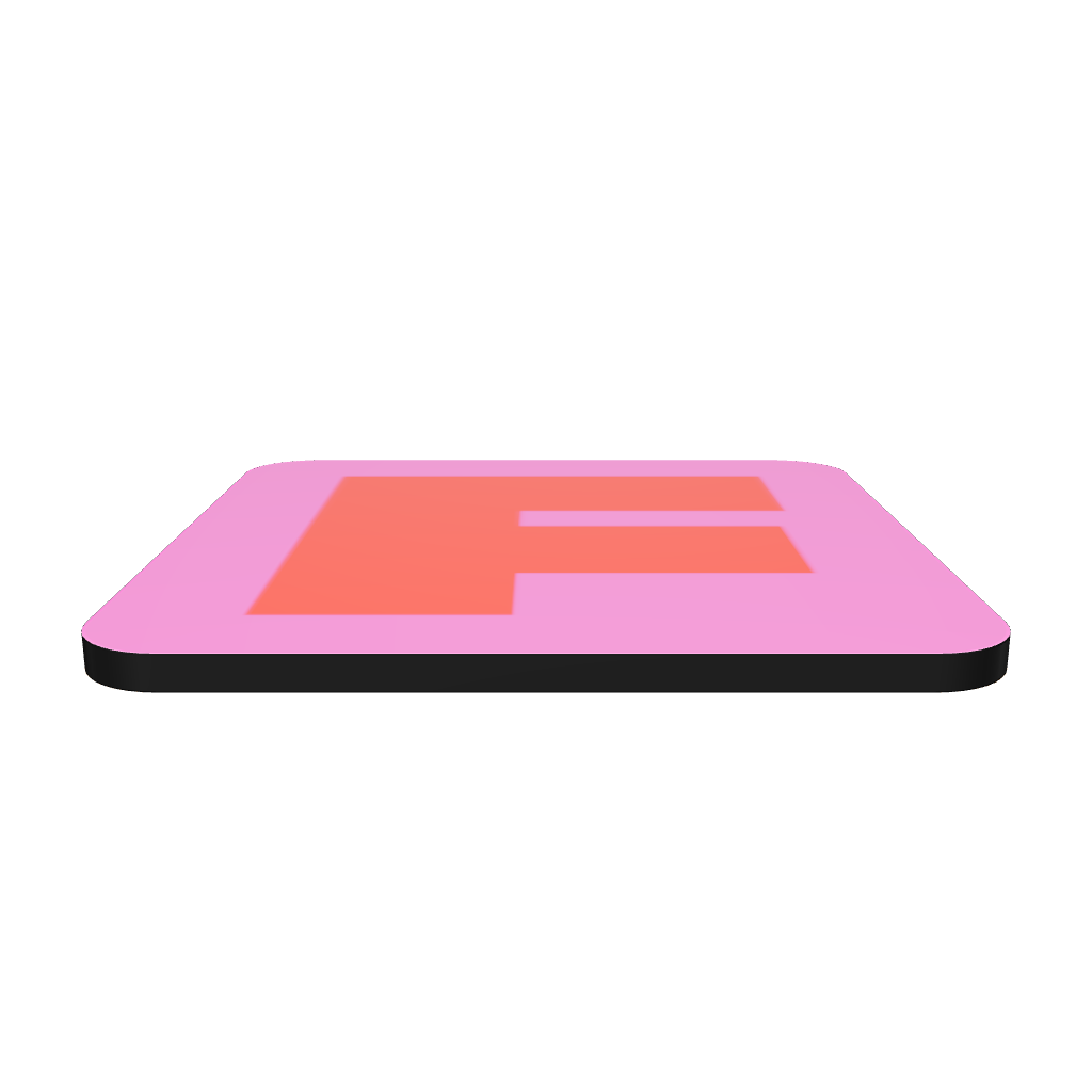 Interactive 3D model of a cork-back coaster with a bold red fat font F letter on a hot pink background, graphic modern design.