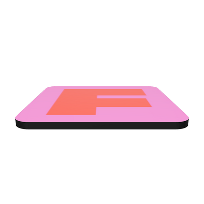 Interactive 3D model of a cork-back coaster with a bold red fat font F letter on a hot pink background, graphic modern design.