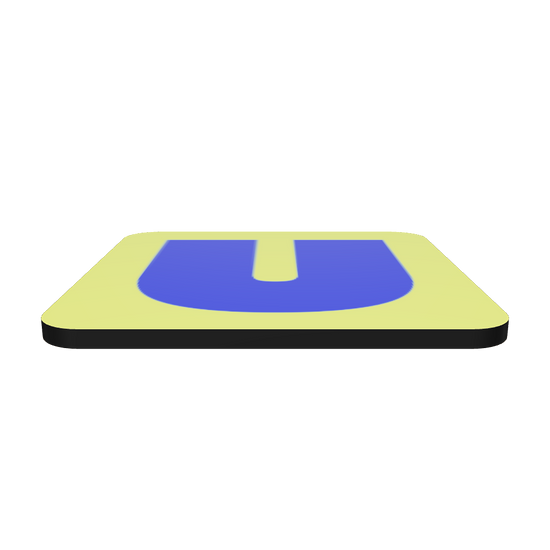 Interactive 3D model of a cork-back coaster with a bold royal blue fat font U letter on a neon yellow background, graphic modern design.