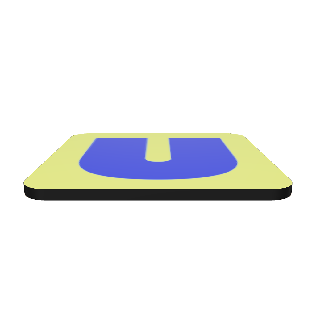 Interactive 3D model of a cork-back coaster with a bold royal blue fat font U letter on a neon yellow background, graphic modern design.