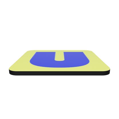Interactive 3D model of a cork-back coaster with a bold royal blue fat font U letter on a neon yellow background, graphic modern design.