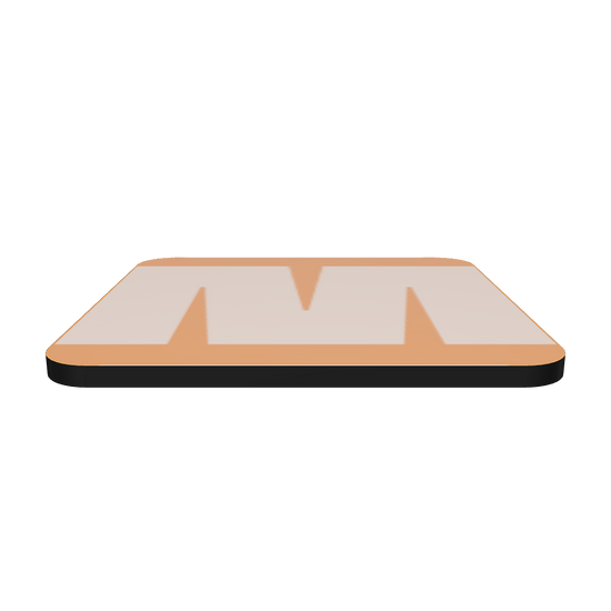 Interactive 3D model of a cork-back coaster with a bold soft peach fat font M letter on an orange background, graphic modern design.