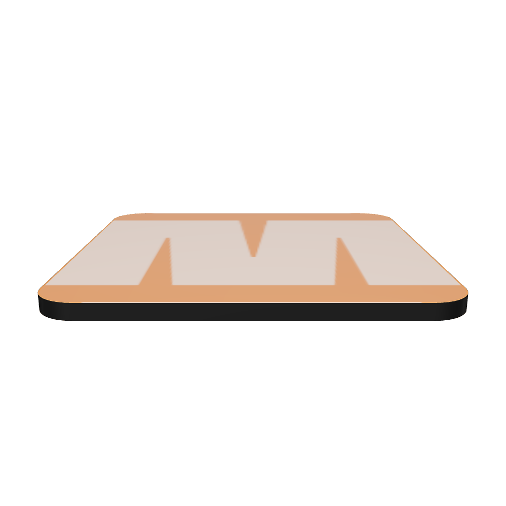 Interactive 3D model of a cork-back coaster with a bold soft peach fat font M letter on an orange background, graphic modern design.