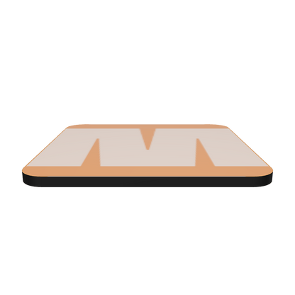 Interactive 3D model of a cork-back coaster with a bold soft peach fat font M letter on an orange background, graphic modern design.