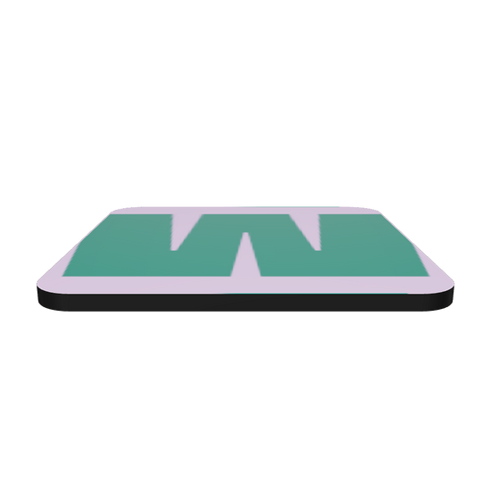 Interactive 3D model of a cork-back coaster with a bold teal green fat font W letter on a lilac purple background, graphic modern design.