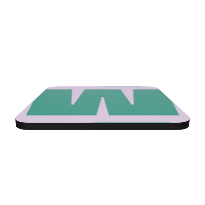Interactive 3D model of a cork-back coaster with a bold teal green fat font W letter on a lilac purple background, graphic modern design.