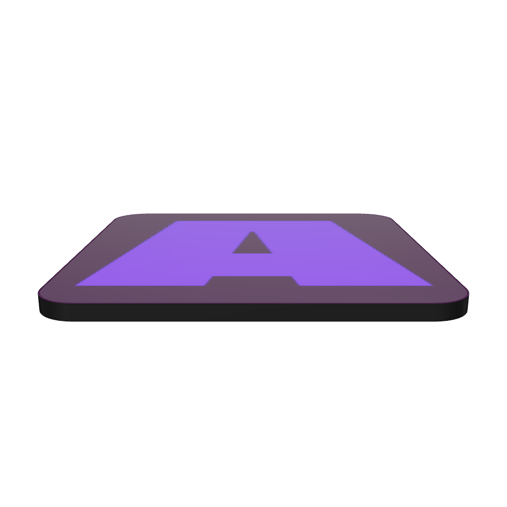 Interactive 3D model of a cork-back coaster with a bold violet fat font A letter on a deep plum background, graphic modern design.