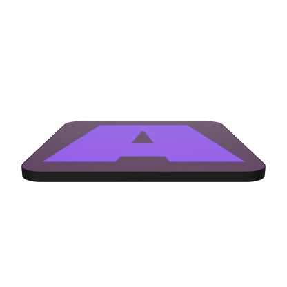 Interactive 3D model of a cork-back coaster with a bold violet fat font A letter on a deep plum background, graphic modern design.